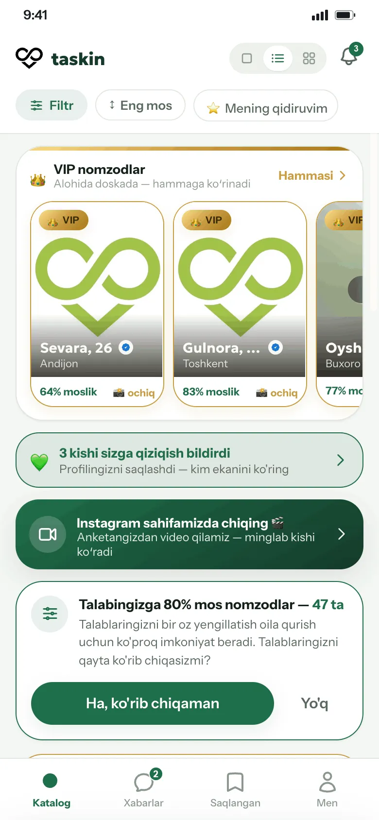 Taskin Nikoh ilovasidagi nomzodlar katalogi: xira rasmlar va tasdiqlangan profillar